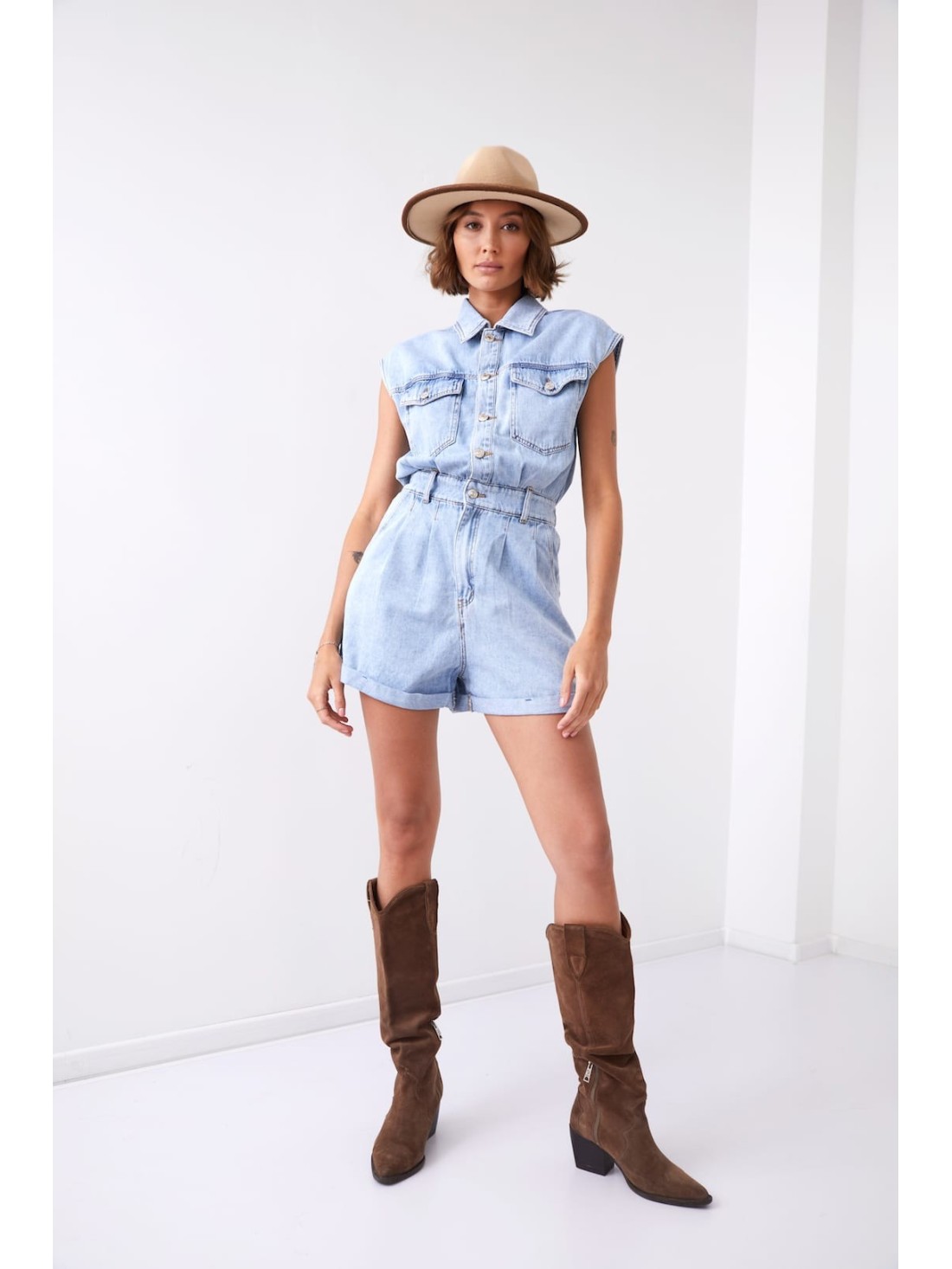 Short denim jumpsuit with collar 01630 - Online store - Boutique